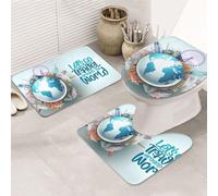 VOSERY Set di 3 tappeti da bagno 80 x 50,8 cm, set di tappeti da bagno con scritta "Let's go Travel Around the World", carini tappeti da bagno copriwater per bagno