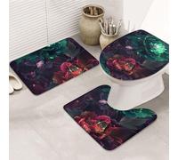 VOSERY Set di 3 tappeti da bagno assorbenti con garofano rosso e verde, antiscivolo, copriwater a forma di U, lavabile, decorazione per il bagno
