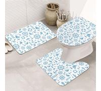 VOSERY Set di 3 tappeti da bagno assorbenti con timone a veliero, antiscivolo, copriwater, a forma di U, lavabile, decorazione per il bagno