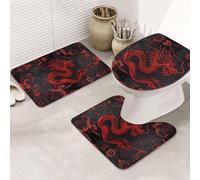 VOSERY Set di 3 tappeti da bagno con dragone rosso su sfondo nero, tappetini da bagno assorbenti, antiscivolo, copriwater a forma di U, lavabili, decorazione per il bagno