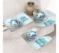 VOSERY Set di 3 tappeti da bagno - Let's go travel around the world tappetini da bagno assorbenti antiscivolo copriwater copriwater a forma di U lavabile decorazione bagno