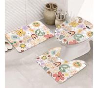 VOSERY Set di 3 tappeti da bagno, motivo: fiori, arcobaleno, segno di pace, assorbente, antiscivolo, per WC, a forma di U, lavabile, decorazione bagno
