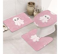 VOSERY Set di 3 tappeti da bagno - Simpatico fantasma rosa Halloween Un tappetino da bagno assorbente antiscivolo copriwater copriwater a forma di U lavabile, decorazione per il bagno