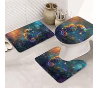 VOSERY Set di 3 tappeti da bagno - Tappeto da bagno assorbente con cavalluccio marino neon e regno sottomarino, antiscivolo, copriwater copriwater, a forma di U, lavabile, decorazione per il bagno