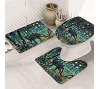 VOSERY Set di tappeti da bagno 3 pezzi, motivo gatto nero mistico, lucciole, tappetino da bagno assorbente, antiscivolo, copriwater a forma di U, lavabile, decorazione per il bagno