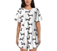 VOSERY Set pigiama da donna, 2 pezzi, motivo bassotto, a maniche corte, stile retrò, pigiama da donna, Nero, L