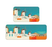 VOSERY Tappetini da cucina per pavimento, 2 pezzi, colorati con mulini a vento greci, anti-affaticamento, per pavimenti della cucina, antiscivolo, lavabili, per bagno, camera da letto, casa, cucina