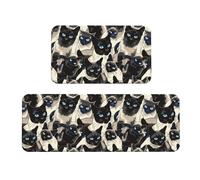 VOSERY Tappetini da cucina per pavimento, 2 pezzi, motivo gatto siamese, occhi blu, anti-affaticamento, per pavimenti della cucina, antiscivolo, lavabili, per bagno, camera da letto, casa, cucina