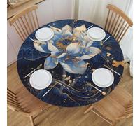 VOSERY Tovaglia rotonda blu Golden Dream Lotus, elastica, per esterni e interni, tovaglia rotonda per tavoli rotondi fino a 101,6 cm - 127 cm di diametro
