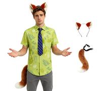 Voslett Camicia da uomo Nick Wilde con cravatta in peluche con coda di orecchie e maglietta stampata hawaiana per Halloween, carnevale, eventi, volpe, verde, 2XL