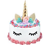 VOSOOT decorazioni torta compleanno unicorno oro con ciglia artificiali e base, decorazioni compleanno per torta unicorno 3D per bambine, topper torta per bambini, adatta per compleanni