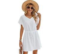 Vossmi Copricostume Donna Estate Coulisse Casual Abito da Spiaggia Allentato a Manica Corta con Scollo a V Chiffon Abito da Spiaggia Coprire Cover Up per Piscina,Bianco