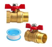 VOSSOT 2 pezzi valvola a sfera in ottone 3 4 pollici filettatura interna esterna 6 punti, rubinetto di arresto per tubazioni acqua con maniglia a farfalla rossa, nastro PTFE incluso 4 m 14 mm 0,075 mm