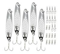 VOSSOT 25 pcs esche artificiali spinning - 5 esche da pesca in metallo argentato da 20 g con ami a tre punte e 20 accessori per artificiali spinning mare predatori per pesca in mare e in acqua dolce