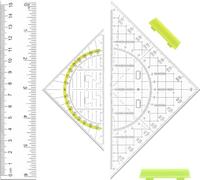 VOSSOT 3 Pezzi Set Geometria 2 Squadre con Manico + Righello 15 cm Strumenti Scolastici in Plastica Trasparente per Bambini, Squadra Durevole Scuola, Studenti, Disegno Tecnico Misurazioni Precise