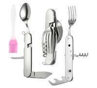 VOSSOT 6 in 1 Posate da Campeggio Pieghevoli Acciaio Inox, Set Posate Multifunzione con Coltello, Forchetta, Cucchiaio, Apribottiglie e Pennello BBQ, Posate Trekking, Picnic, Viaggio, Survival Outdoor