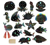 VOSSOT 64 Fogli Neri da Grattare Bambini - Scratch Art Bambini con Bastoncini e Nastri - Animali Marini Kit Creativo per Regalo Compleanno, Feste, DIY Scratch Book Ragazzi e Ragazze