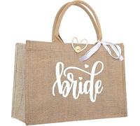 VOSSOT Bride Borsa per il trasporto in iuta elegante e borsa per la spesa per regali di nozze, accessori per la squadra della sposa, in iuta regalo da sposa 35 x 25 x 13 cm lino