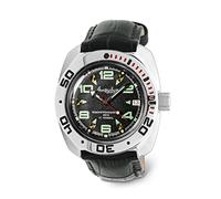 VOSTOK | orologio da polso classico anfibio automatico a carica automatica russo subacqueo | WR 200m | moda | business | orologi da uomo casual | modello 710334, Pelle nera, Subacqueo