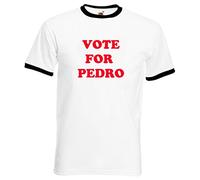 VOTE For PEDRO T-shirt in cotone con stampa di Napoleon Dynamite Retro Fruit of the Loom Corpo bianco/bordo nero. S