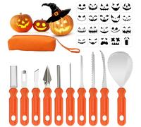 Votoko Kit Intaglio Zucca Halloween, 31 Pezzi Set Intaglio Zucche con 10 Strumenti in Acciaio Inox e 20 Modelli, Borsa Portaoggetti, Kit per Intagliare la Zucca di Halloween Adatto a Adulti e Bambini