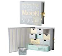 Votum Scatola dei ricordi del bambino per ricordi preziosi, luna e stelle, leggera, realizzata a mano, con 9 scomparti etichettati per i primi ricordi, regalo neutro per baby shower per ragazze e