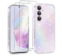 Votvloay Cover Glitter per Samsung Galaxy A35 5G 6,6'' con 2 Pellicola Protettiva in Vetro Temperato, Aesthetic Brillantini Antiurto Custodia, Morbido TPU Silicone Case per Samsung A35 5G, Trasparente