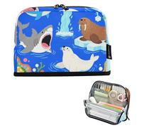 voucong Astuccio portapenne di grande capacità, organizer con cerniera, per ragazzi e ragazzi, cosmetici, animali marini, oceano, blu mare