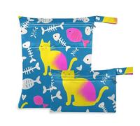 voucong Blue Cartoon Cat Fish Bone Silhouette Lavabile Wet Dry Borse 2 Pack Borsa per pannolini Articoli essenziali con manici per asilo nido