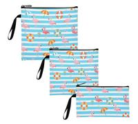voucong Blue White Striped Summer Flamingo Confezione da 3 sacchetti riutilizzabili con cerniera per alimenti portatili per bambini, studenti, adulti