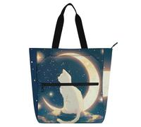 voucong Borsa a secchiello per bambini, motivo: gatto bianco sulla luna, per bambini, donne, uomini, impermeabile, con tasche interne, per scuola, lavoro, viaggi