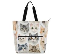 voucong Borsa a tracolla per libri ad acquerello, con animali, gatti, per bambini, donne, uomini, leggera, per biblioteca, libri, borsa a tracolla con tasche, per università, shopping, spiaggia