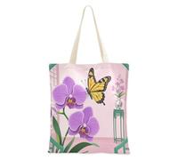 voucong Borsa da donna in tela viola con orchidea farfalla in stile cinese, con tasche con manici, riutilizzabile, idea regalo da spiaggia