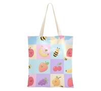 voucong Borsa di tela di canapa di Tote del fumetto della frutta dell'ape a scacchi per le donne con le tasche con le maniglie borse di tela riutilizzabili