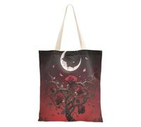 voucong Borsa in tela da donna con tasche con manici e motivo gotico con rosa rossa al chiaro di luna