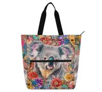 voucong Borsa larga per bambini, in stile bohémien, motivo floreale, pesca, koala, per bambini, ragazzi, ragazze, grande, per biblioteca, libri, shopping, con manici con cerniera, per scuola, lavoro