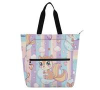voucong Borsa larga per bambini, motivo scoiattoli pastello con strisce arcobaleno, borsa per libri e pianoforte, per bambini, donne, uomini, grandi borse per la spesa, borsa da spiaggia, con tasche