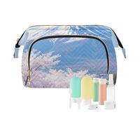 voucong Borsa per cosmetici impermeabile da donna, portamonete da viaggio, borsa cosmetica blu e bianca con fiori di ciliegio giapponese Monte Fuji