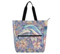 voucong Borsa per libri in stile bohémien, con fiori e delfini, per bambini, ragazzi e ragazze, resistente all'acqua, borsa da spiaggia con cerniera, per scuola e tempo di gioco