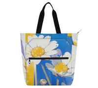 voucong Borsa per libri per bambini con margherite bianche, fiori giallo limone, blu, robusta borsa della spesa riutilizzabile con tasche con cerniera, per scuola, shopping, spiaggia