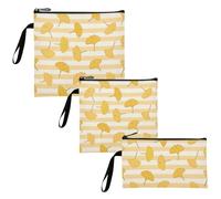 voucong Borsa per spuntini e sandwich riutilizzabile, con foglie di ginkgo biloba a righe gialle e bianche, 3 pezzi, portatile, per picnic, lavoro, viaggi, ufficio