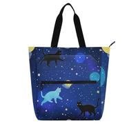 voucong Borsa tote con stampa di un gatto stellato e stelle, per bambini, donne, uomini, impermeabile, borsa per la spesa, borsa da spiaggia, con tasche con cerniera, per scuola, shopping, drogheria