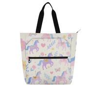 voucong Borsa tote con unicorni arcobaleno beige carino libro per bambini ragazzi ragazze robusta borsa per la spesa borsa da spiaggia con tasche con cerniera per la scuola shopping spiaggia