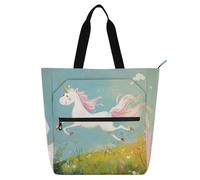 voucong Borsa tote per bambini con unicorni che corrono nel prato per bambini, donne e uomini, robusta borsa tote riutilizzabile con cerniera per scuola e tempo di gioco