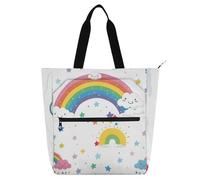 voucong Borsa tote per libri per bambini con sfondo bianco puro con arcobaleno in stile cartone animato al centro per bambini donne uomini leggera resistente riutilizzabile biblioteca borsa per la