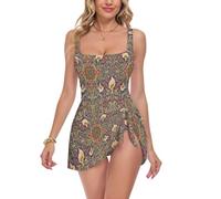 voucong Calla Lily Red Blue William Morris Pattern Square Neck One Piece Costume da bagno da donna gonna da bagno per, Calla Lily Rosso Blu William Morris Pattern, XXL