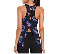 voucong Canotte sportive da donna, in tessuto a rete, per l'estate, ad asciugatura rapida, per esercizi di yoga, con teschio fluorescente al neon, Teschio fluorescente al neon, L