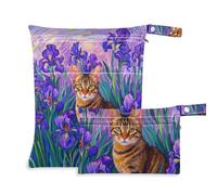 voucong Cartone animato carino gatto marrone fiori viola borsa con cerniera per asilo nido confezione da 2 elementi essenziali da viaggio per volare con manici per fare il bagno