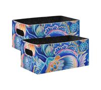 voucong Cestini portaoggetti in tessuto blu con fiori in stile bohémien, confezione da 2 cestini decorativi per abbigliamento, jeans, libri