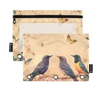voucong Chic European Starling Birds Peach - Raccoglitore a 3 anelli in plastica con cerniera e finestra trasparente con occhielli rinforzati per scuola ufficio, 2 pezzi